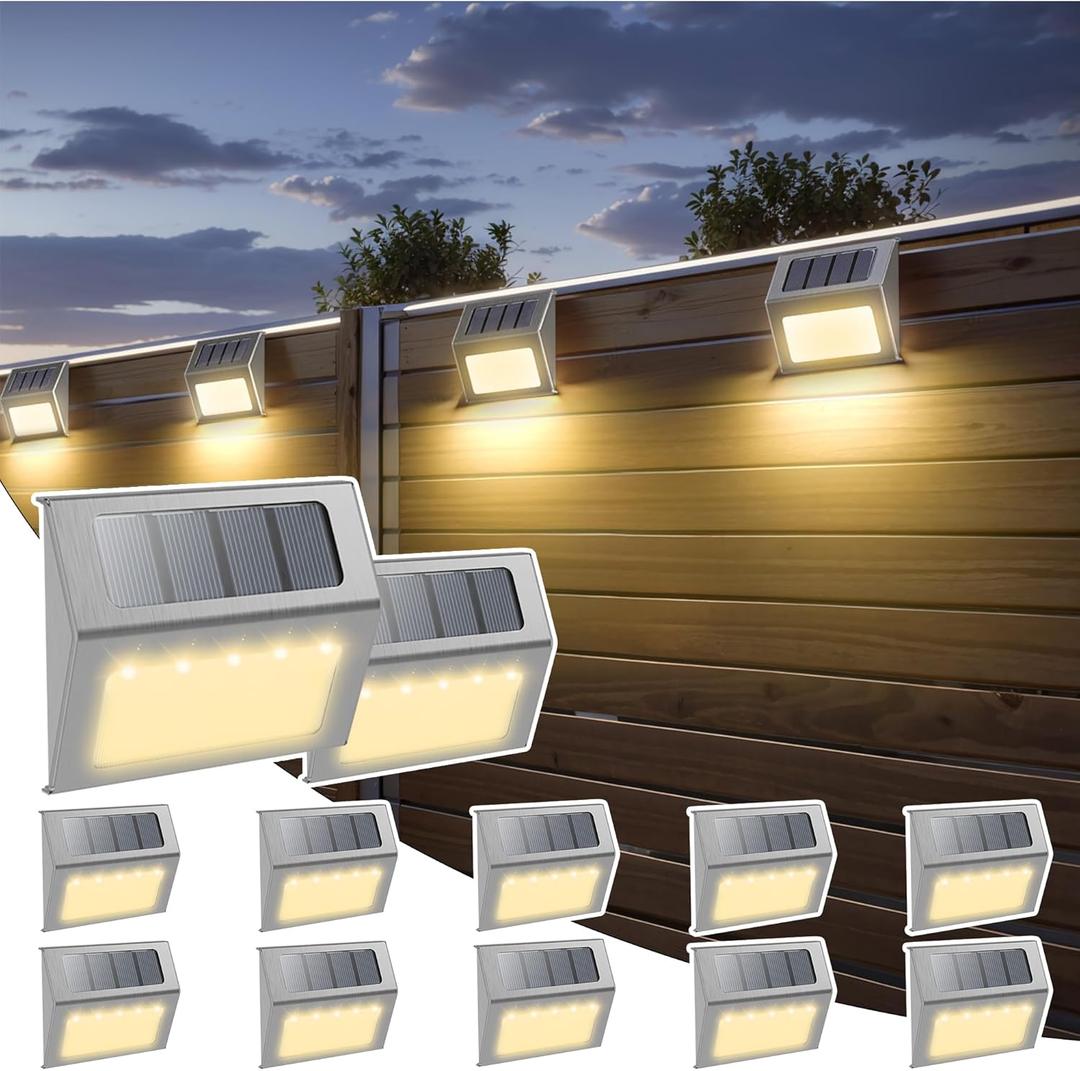 Otdair Solar Lights Outdoor Waterproof, Solar Fence Lights Auto On/Off, Bright LED Outdoor Lighting for Fence, Patio, Deck, Garden, Pathway (12 PCS, Silver-Warm)