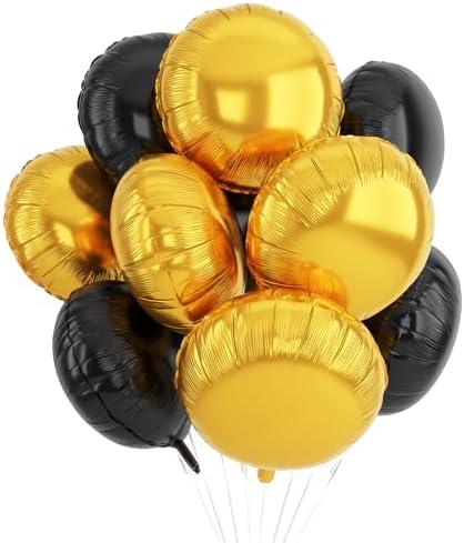 20PCS Gold Black Round Shaped Balloons, 18 Inch Round Foil Balloon, Round Aluminum Giant Helium Balloon For Birthday New Year Party Retirement Ceremony Wedding Graduation Anniversary Decorations, Pack Of 4