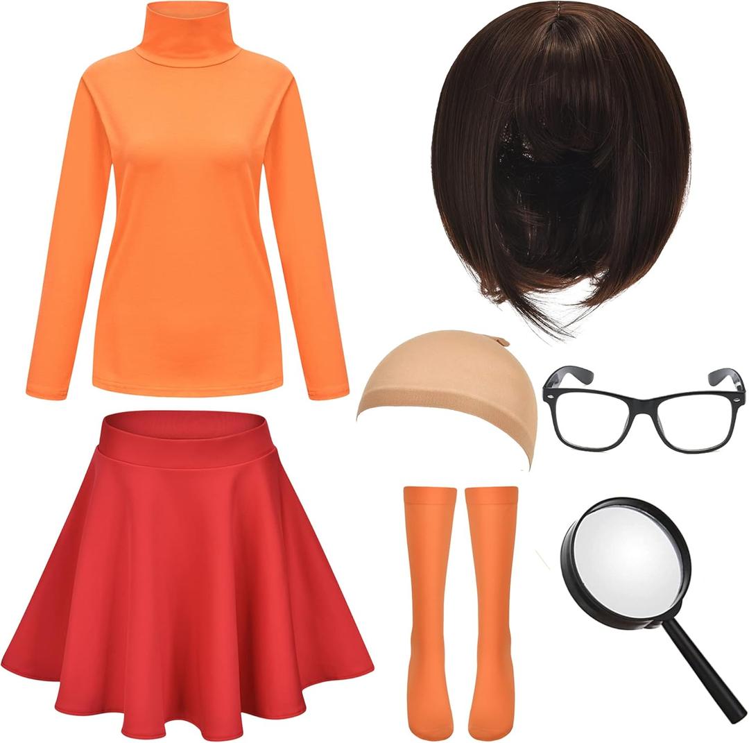 HMPRT Halloween Deluxe Adult Costume for Women,Brown Bob Wig,Turtleneck Top,Skater Skirt,Magnifying Glass,Socks and Glasses, Size Medium