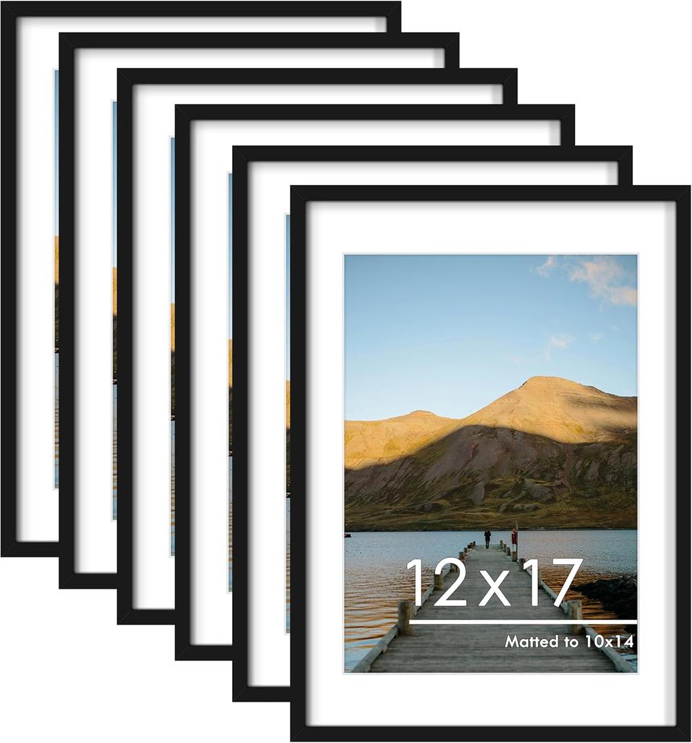 PEALSN 12x17 Picture Frame Set of 6, Display Pictures 10x14 with Mat or 12x17 without Mat for Wall Mounting or Table Top, Photo Frames Collage for Wall Decor, Black.