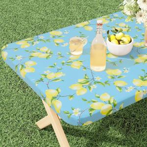 misaya Rectangle Vinyl Tablecloth, Fitted Table Cover, 100% Waterproof, Elastic Edge, Flannel Backing, Plastic Table Cloth Fit 8 Foot Folding Tables for Picnic, Camping, Outdoor (Lemon, 30x96 inch) (Blue)