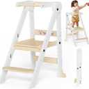 Foldable Toddler Kitchen Stool Helper, Toddler Standing Tower with 3 Adjustable Heights, Collapsible Wooden Step Stool for Kitchen & Bathroom, Montessori Learning Helper Tower for Toddlers Aged 1-6