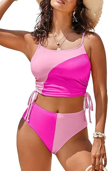 Pink Queen Women's 2 Piece Swimsuit Scoop Neck Ribbed Drawstring Ruched Crop Top High Waisted Bikini Sets Bathing Suit (Large, Pink & Rose Red)