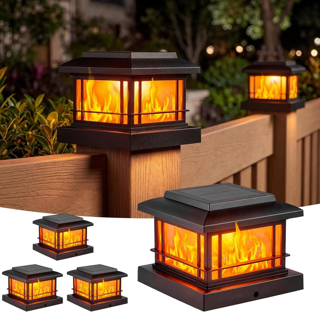 JOFIOS Flickering Flame Solar Post Cap Lights Outdoor, Black Post Lights with 3 Color Temperature, Fits 3.5" 4" 4.5" 5" Wood/Vinyl Posts, IP64 Waterproof Fence Deck Lights for Garden Patio Yard 4 Pack