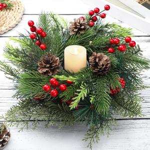Mumufy Christmas Centerpiece Candle Holder 12 Inch Artificial Mini Tabletop Decoration Candle Holder with Pine Cones, Artificial Pine Branches, Red Berry 1 Candle Holders for Festival Home Decoration