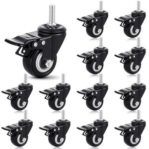 Aurelema Set of 12 M10 Caster Wheels 2 Inch M10 x 25 mm Swivel Threaded Stem Caster Locking Standing Desk Wheels Heavy Duty 360 Polyurethane with Dual Brake, No Noise, 400 lb for Cart Desk Furniture