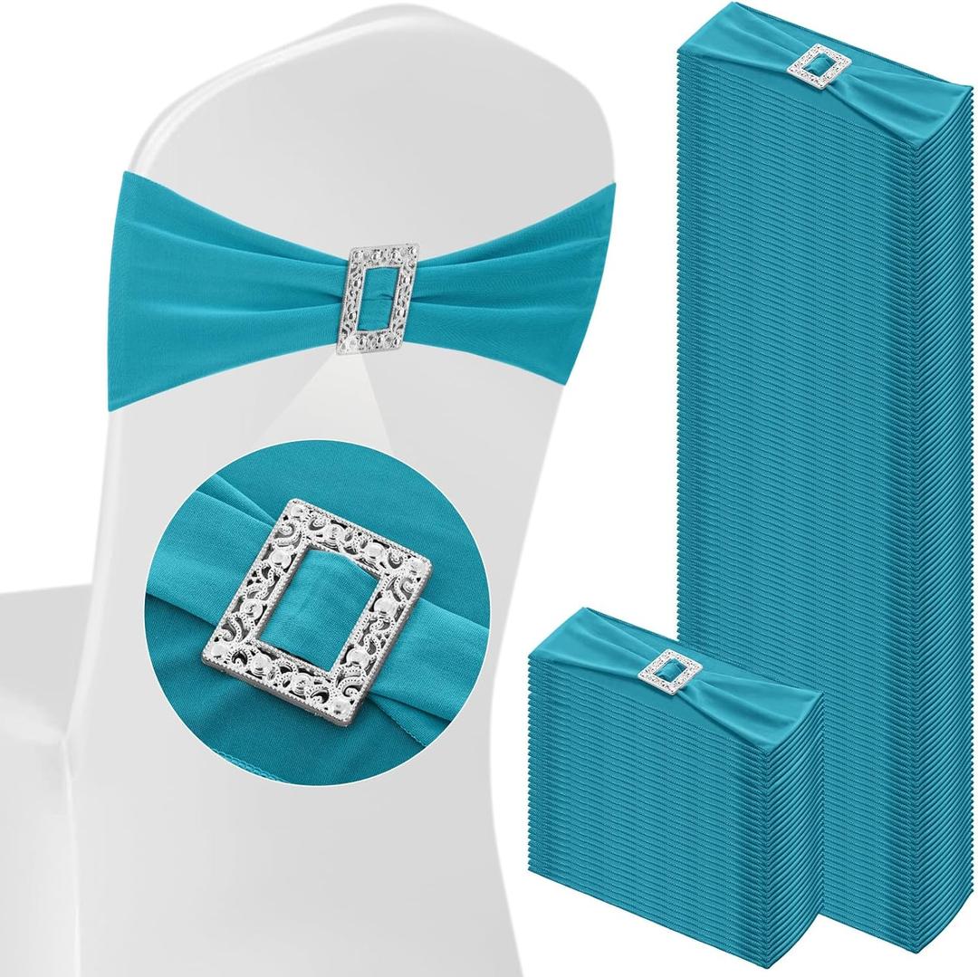 100 Pcs Spandex Chair Sashes with Square Buckle Slider Stretch Chair Cover Band Universal Elastic Ties Straps Bows for Wedding Banquet Event Party Decoration (Lake Blue)