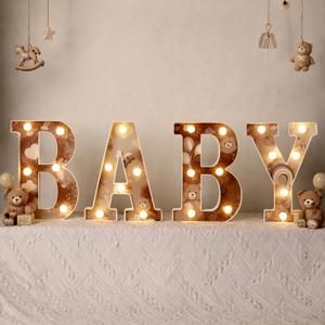 Realspring Baby Shower Sign Babe Marquee LED Letters Battery Operated Light up Centerpieces Glowing Home Table Party Decor for Boy Girl Gender Reveal Birthday, 8.26''(Bear,Brown)