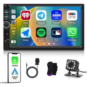Double Din Car Stereo with Apple Carplay Android Auto 7 inch Touchscreen Bluetooth 5.1 Radio Receiver with Backup Camera Mirror Link FM Multimedia Player Head Unit EQ USB TF AUX SWC MIC