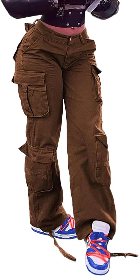 Women Mid Waisted Cargo Jeans Flap Pocket Straight Wide Leg Casual Baggy Boyfriend Denim Streetwear Pants (X-Large, Brown)