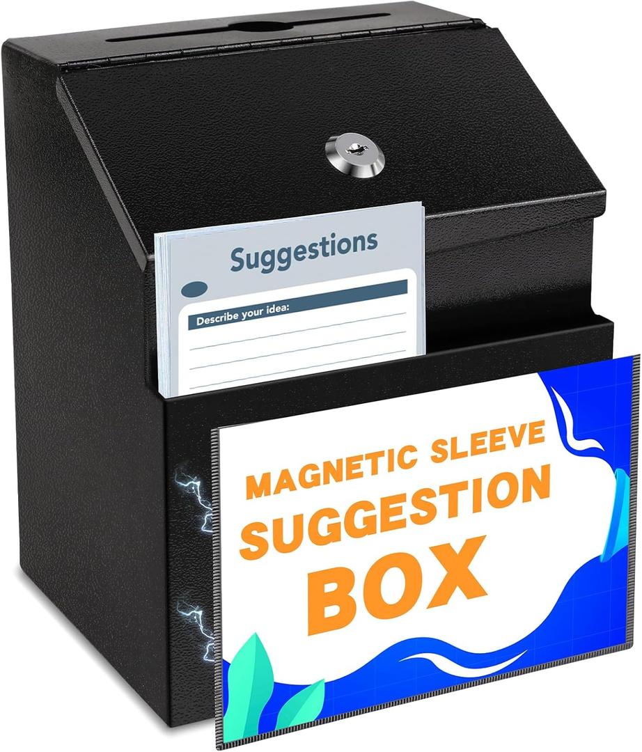 Metal Donation Box with Key Lock Magnetic Acrylic Sign Holder Suggestion Box Wall Mounted with 2 Iron Keys ballot box Cash Collection Safe Ballot Container (Black,8.4*5.8*6.9 Inch*1)