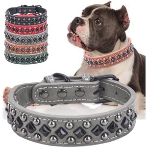 Stylish PU Leather Dog Collar with Alloy Buckle, Black Diamond Rivets, Adjustable, Durable for Small, Medium, Large Dogs - Grey S (Small (Pack of 1))