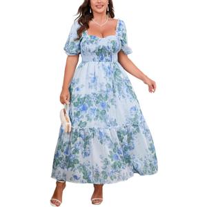 Women's Plus Size Floral Maxi Dress Puff Sleeves Cottagecore Corset Dresses Flowy Smocked Formal Casual Party Wear (Large, Blue)