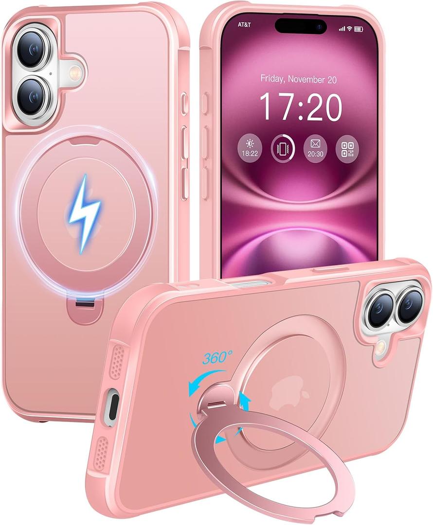 HuwaiH 360 Rotatable Magnetic Ring Stand for iPhone 16 Case, Compatible with MagSafe, Military-Grade Shockproof, Anti-Scratch Matte Translucent Phone Case for iPhone 16(Pink)