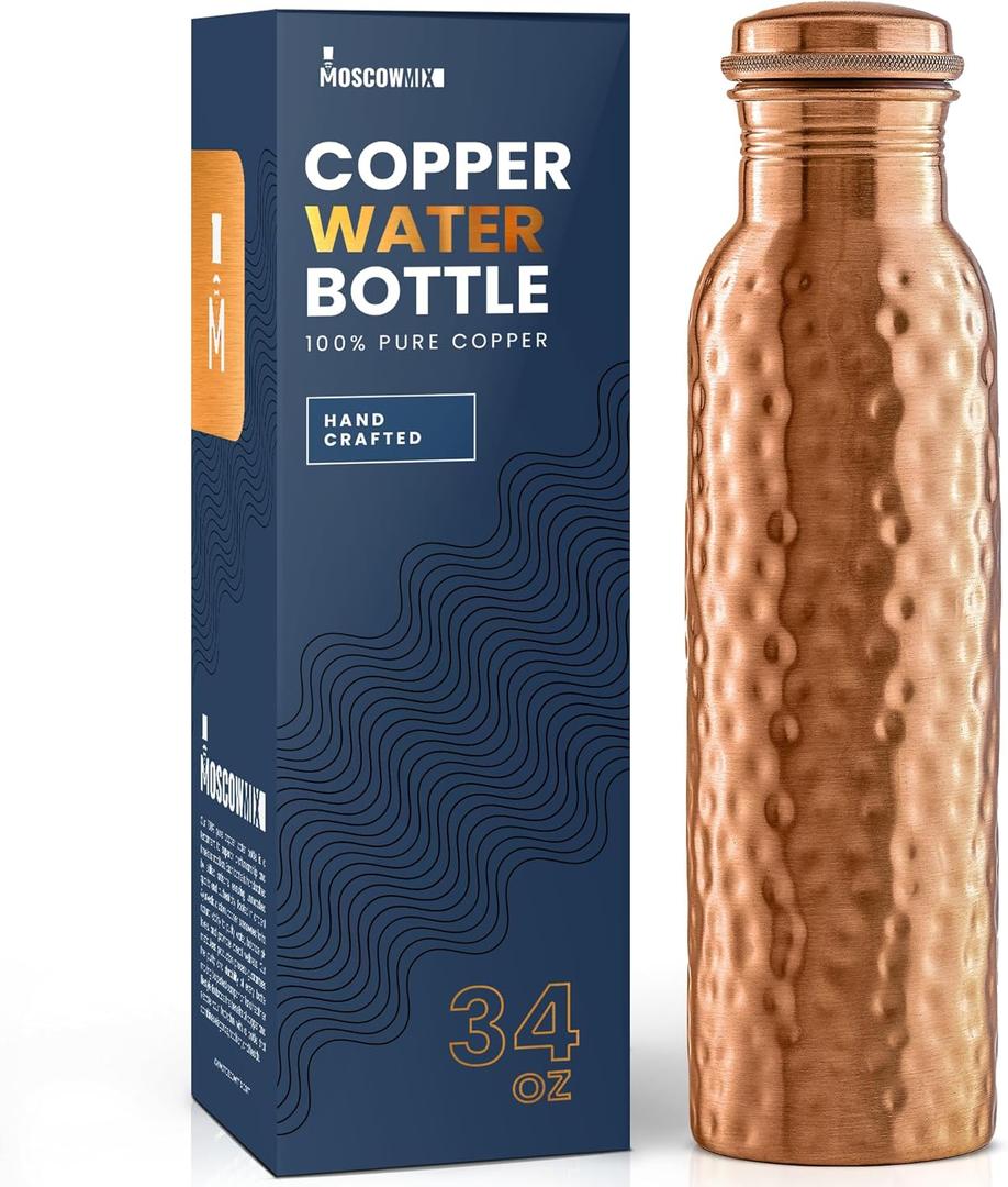 100% Copper Water Bottle - 34 oz Extra Large - Hammered Finish Pure Copper Water Bottle for Drinking - Handcrafted Ayurvedic Leak-Proof Vessel for Healthy Hydration - Premium Ocean Blue Gift Box