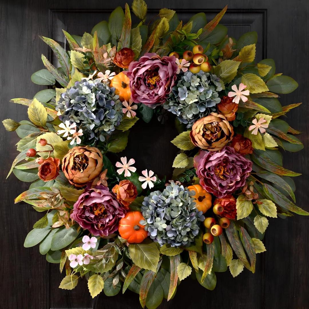 26" Fall Wreaths for Front Door, Peony Hydrangea Pumpkins Wreath | Large Autumn Wreath with Purple Peonies, Blue Hydrangeas, Pumpkins, Fall Wreath for Porch Thanksgiving & Harvest Fall Decor
