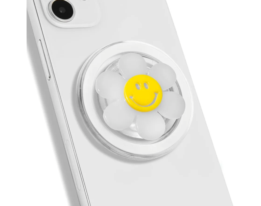 Magnetic Luminous Smiley Flower Mobile Phone Grip: Swappable & Collapsible Grip for Phones & Tablets (White)
