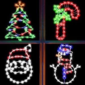 4 Pack Christmas Window Silhouette LED Lights Decorations, Santa Claus, Xmas Trees, Candy Cane, Snow Man Christmas Window Light Decorations with 50 Bulbs for Holiday Wall Door Glass Decorations