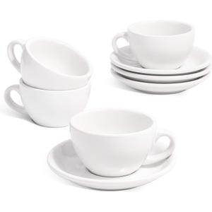 LE TAUCI Cappuccino Cups with Saucers 6 oz, Set of 4 Ceramic Coffee Cup and Saucer Set for Latte, Au Lait, Flat White, Mocha, Tea, Embossed Coffee Cups, White