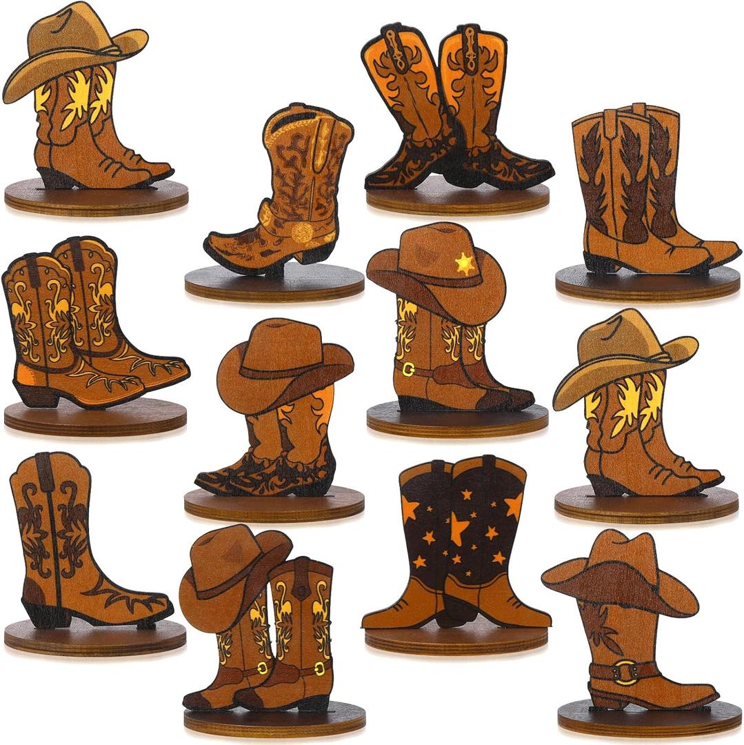 12Pcs West Cowboy Centerpieces Western Theme Birthday Party Decorations Western Cowboy Boots Table Centerpieces West Boots Stand Tabletop Decor for Baby Shower Birthday Party Favors Supplies