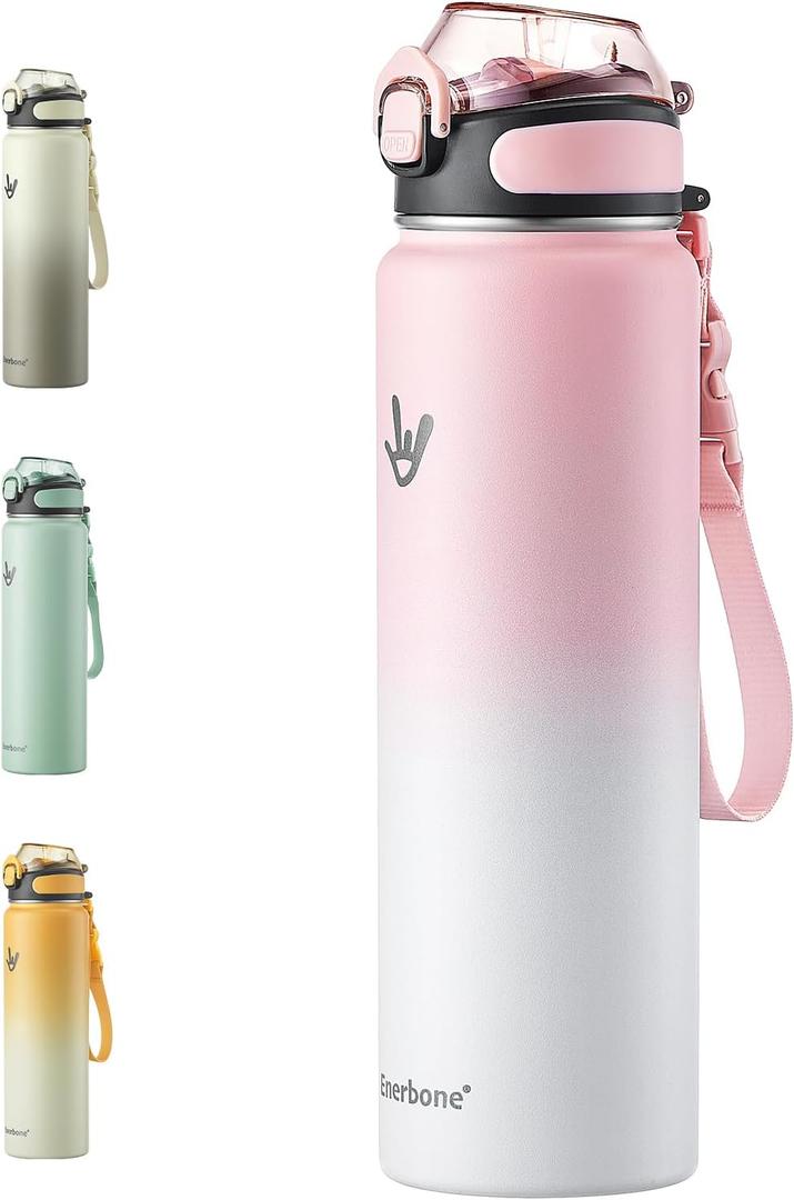 Enerbone 32 oz Insulated Water Bottle, Stainless Steel Bottle with Carrying Strap, Double-Wall Vacuum Insulation Design, Leakproof Sports Bottle with Straw, Keep Drinks Cold or Hot for Hours (Cotton) Enerbone 32 oz Insulated Water Bottle, Stainless Steel Bottle with Carrying Strap, Double-Wall Vacuum Insulation Design, Leakproof Sports Bottle with Straw, Keep Drinks Cold or Hot for Hours (Cotton)