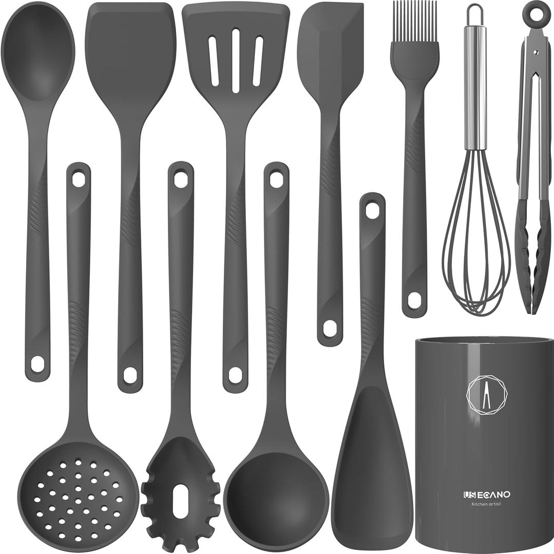 Silicone Cooking Utensils Set - 600F Heat Resistant, Nonstick Kitchen Utensil Set with Spatulas, Spoons, Whisk, Tongs, BPA Free, Dishwasher Safe (Gray)