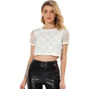 Allegra K Women's Sequin Shiny Glitter Crop Top Christmas Short Sleeves Sexy Party Tassel T-Shirt M