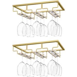 Nuovoware Hanging Stemware Holder, [2 PCS] Champagne Glass Holder Hanging Champagne Glass Holder with 3 Rails for Under Shelf, Glass Cabinet, Chrome Hanging, Kitchen Bar - Gold