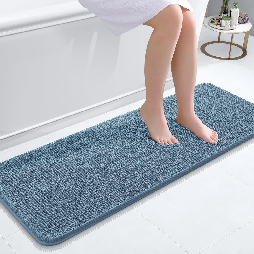 OLANLY Bathroom Runner Rugs 47x17, Soft Absorbent Chenille Bath Rugs, Rubber Backing Quick Dry, Machine Washable Long Bath Mats for Bathroom Floor, Tub and Shower, Home Decor Accessories, Airy Blue