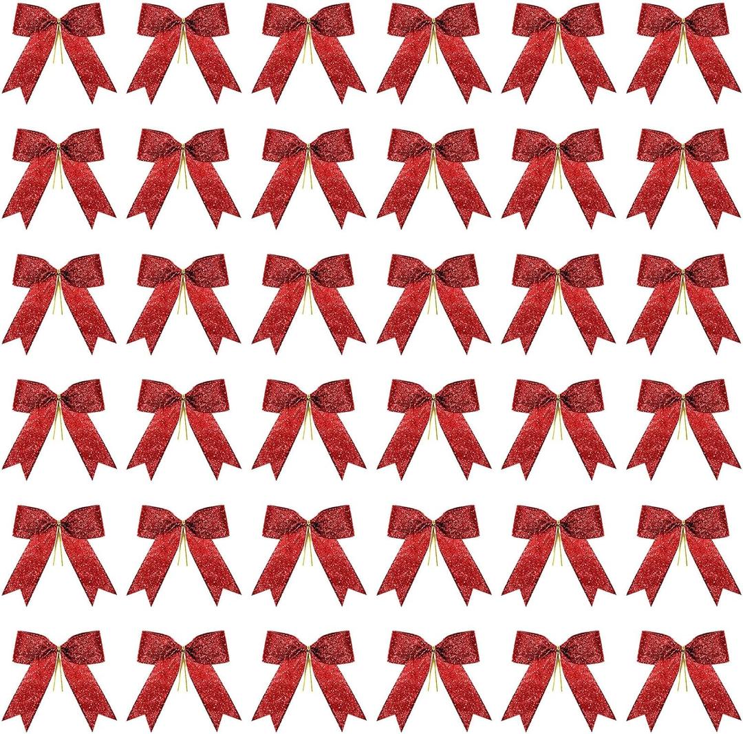 Sumind 36 Pieces Red Christmas Tree Glitter Bows, 5 x 4 Inch Tie Ribbon Twist Tie Bows for Treat Bags Gift Wrapping Basket Wedding Birthday Valentine Christmas Tree Wreath Garland Decoration