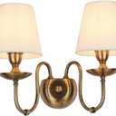 Aiwen 2-Light Bedroom Wall Lamps Polished Solid Brass Finish Wall Lights with White Flax Fabric Shade Vintage Reading Lights Wall Sconces for Bedside Hallway E12