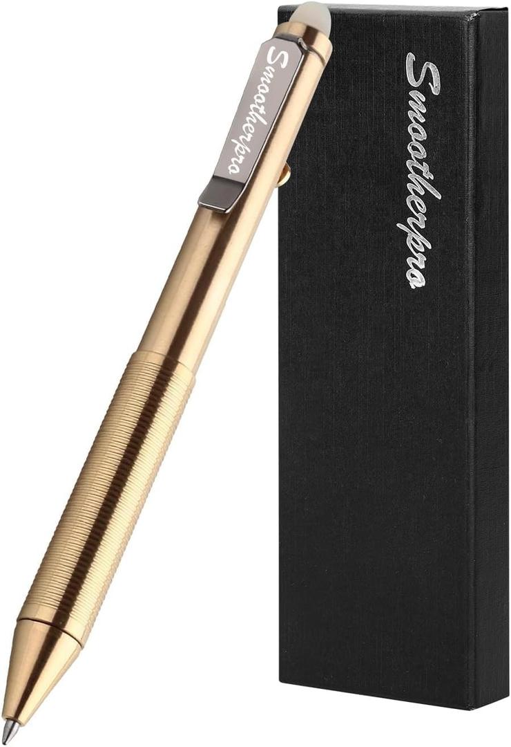 SMOOTHERPRO Erasable Solid Brass Bolt Action Pen,Weighted Heavy Pen Compatible with Pilot FriXion Refill,Durable Pen Clip for EDC Pocket Business Collection Retro(EAP02-GD)