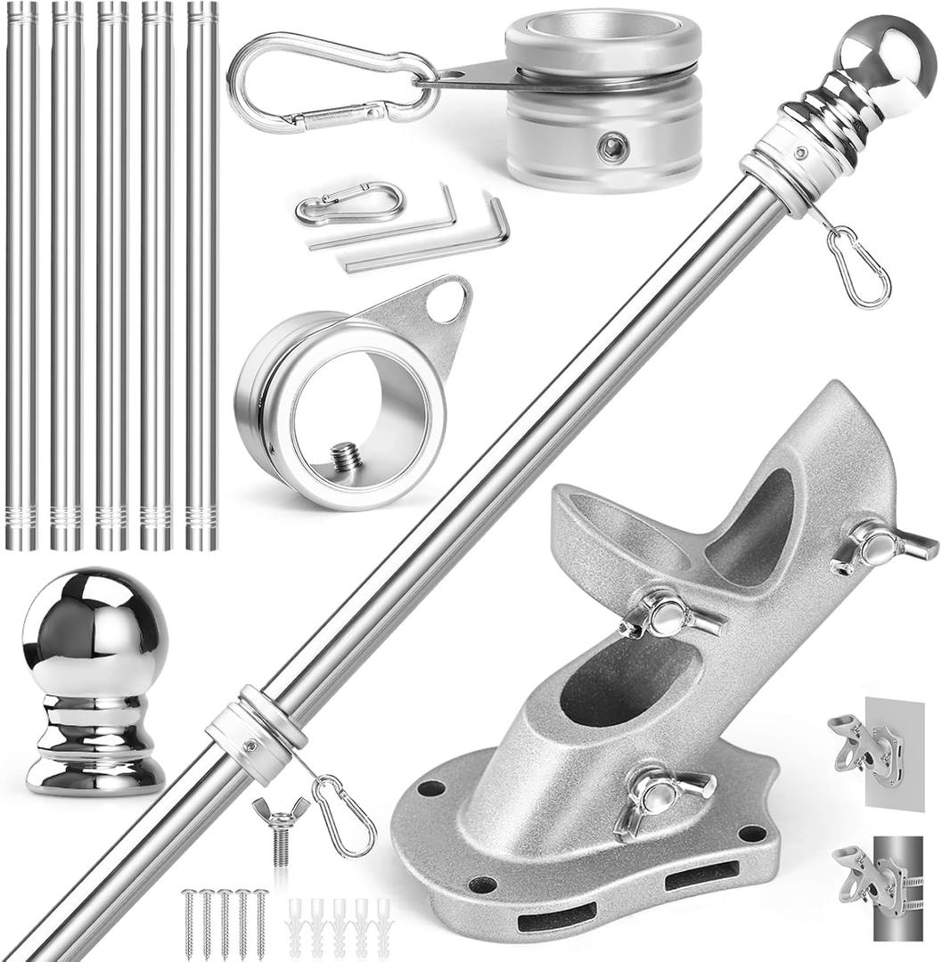 Anovo Flag Pole Kit- Stainless Steel 6 FT Flag Poles with1 Inch Metal 360 Rotating Flag Pole Rings Clip, Two-Position Flag Pole Holder Brackets Mounting for Outside House Outdoor Porch (6 FT-Sliver)
