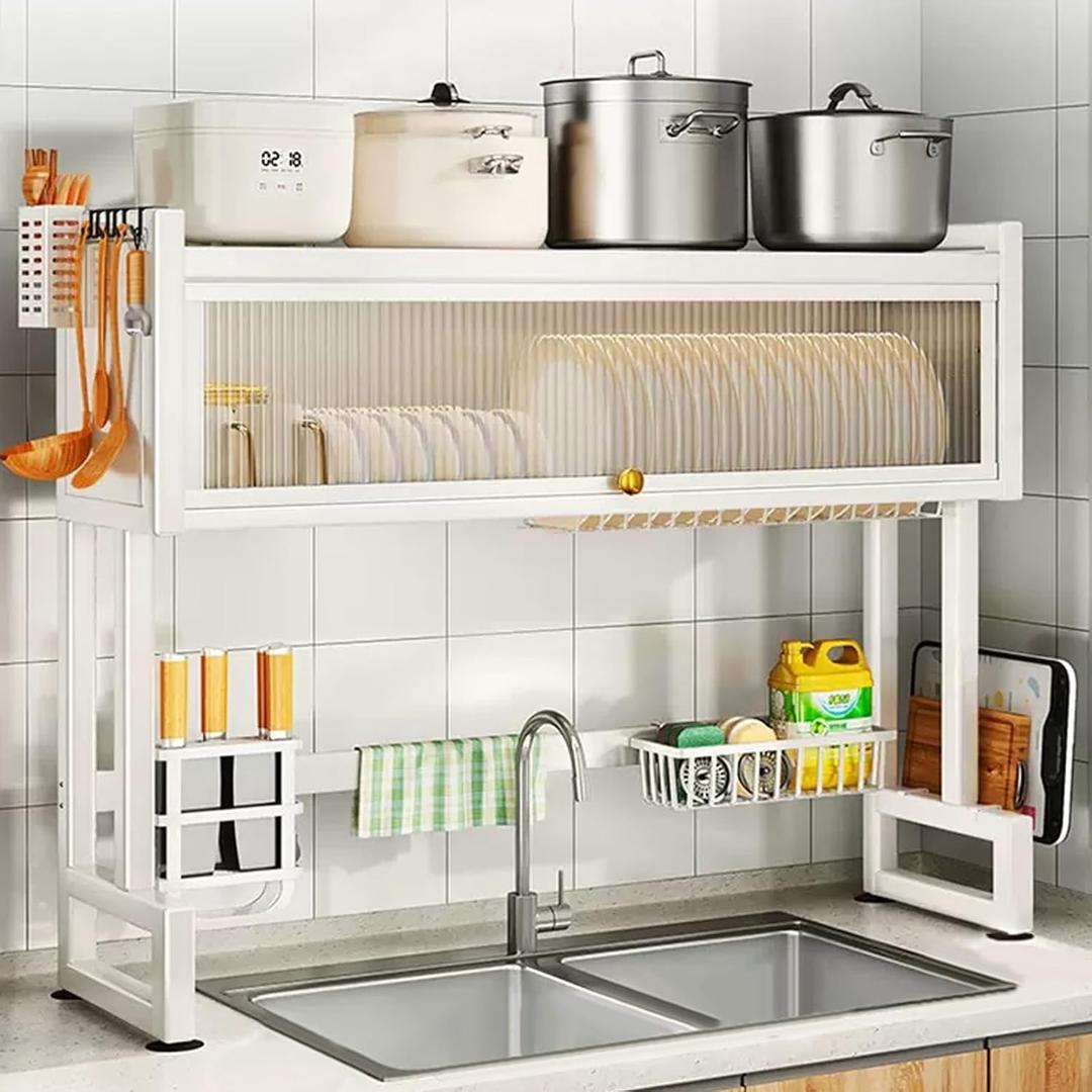 Milkshake White 3 Tier Over Sink Dish Rack Drainer with Cover - Space-Saving Organized Drying Rack for Dishes, Glasses, Bowls, Cutlery