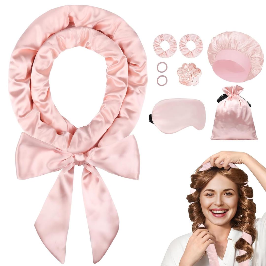 Heatless Curls Overnight Hair Curlers to Sleep In, Satin Heatless Curling Set - No Heat Overnight Curls, Hair Curlers No Heat Curlers, Beach Waves for Long Hair Volume (Blush Pink)