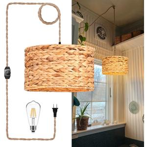 Rattan Plug in Pendant Light Boho Hanging Lights with Plug in Cord & Dimmable Switch,Indoor Hanging Lamp Plug in Wicker Woven Lampshade for Living Room Bedroom Dinning Island (Straight tube)