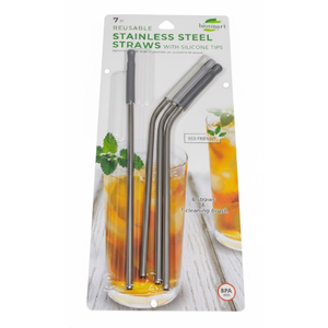 BIOSMART Reusable Stainless Steel Straw Set w/ Silicone Tips & 1 Cleaning Brush 4 Pack