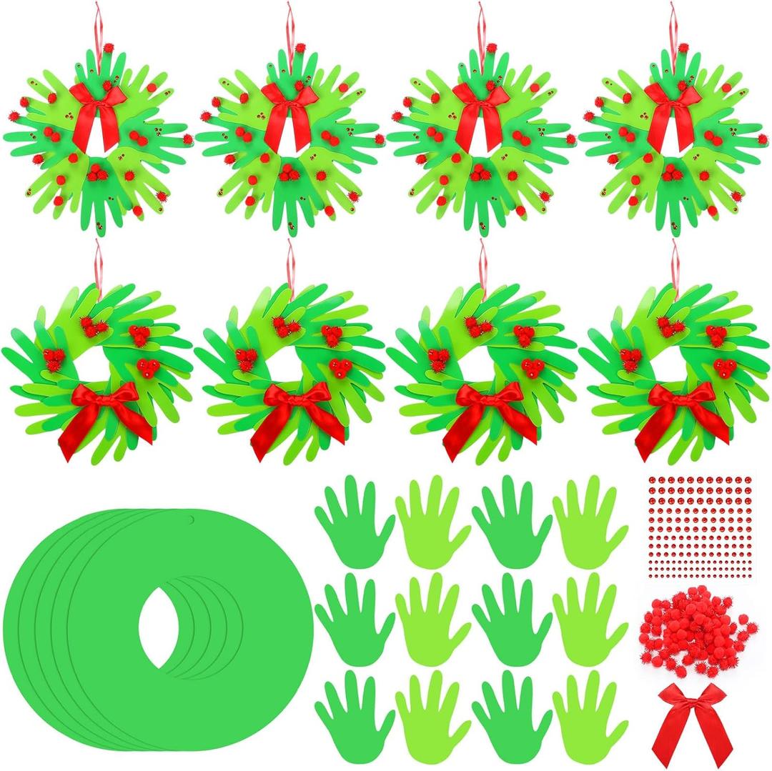 Hollowfly 48 Set Christmas Handprint Wreath Craft Kits DIY Paper Hand Print Wreath Hanging Ornaments Make Your Own Xmas Craft with Stickers for Christmas Home Party Favors School Classroom Activities