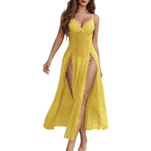 Avidlove Women Lingerie Lace Babydoll Chemise Sexy Mesh Nightdress V Neck Nightwear Side Split Nightgown (XX-Large, Yellow)