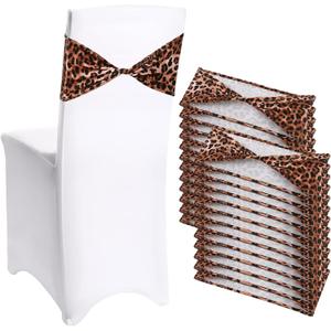 Newwiee 24 Pcs Spandex Chair Bands Animal Print Elastic Chair Sashes Bow Polyester Chair Cover Bands Ties Without Buckle for Animal Safari Jungle Theme Party Birthday Decor (Leopard Print)