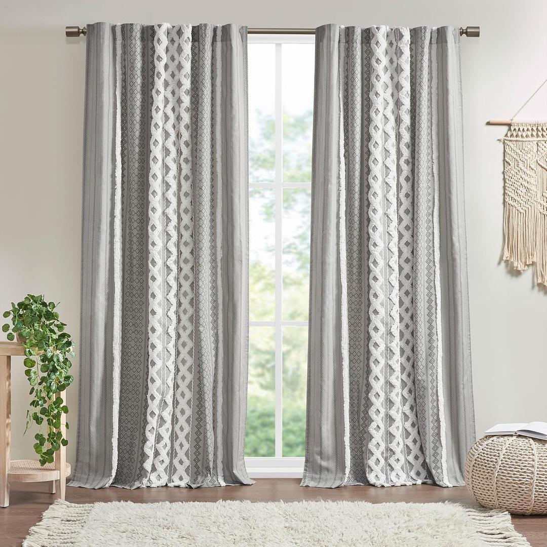 INK+IVY Imani 100% Cotton Single Panel Curtain Tufted Chenille Stripe Geometric Print Mid-Century Look Rod Pocket Top Drape for Living Room, Privacy Window Treatment for Bedroom, 50" x 84", Grey (Gray)