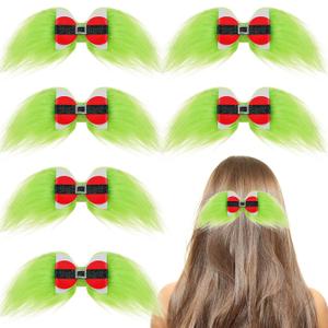 Norme 6 Pcs Christmas Hair Bow for Women 6 Inch Green Furry Hair Clip with Red Bow for Christmas Holiday Costume Accessories for Parties Gifts Decoration