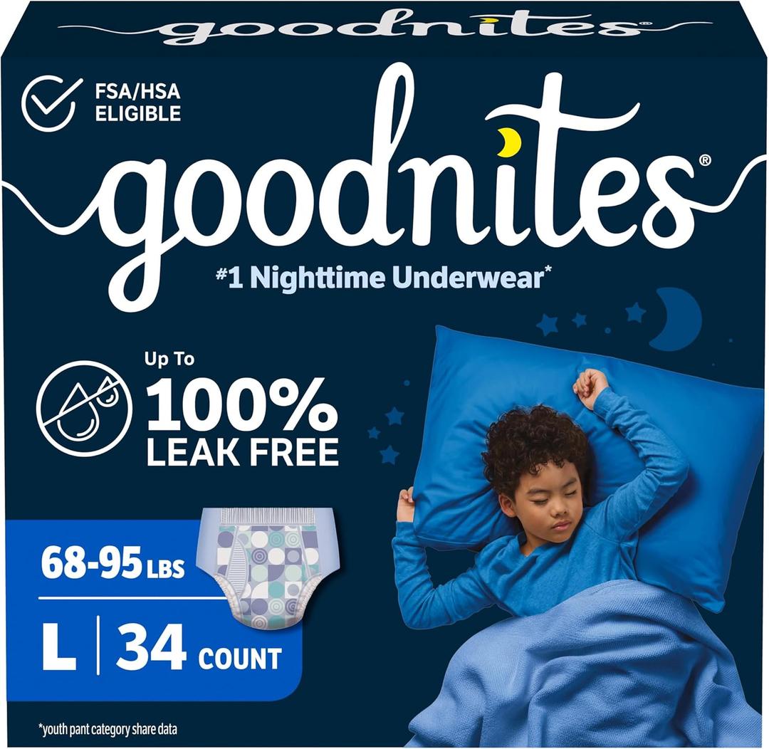 Goodnites Boys' Nighttime Bedwetting Underwear, Size Large (68-95 lbs), 34 Ct (2 Packs of 17)