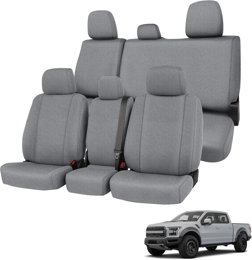 Front and Rear Truck Seat Cover Compatible with 2015-2019 Ford F150 2016-2019 F250-F550, The Front with Opening Armrest, Knitted Fabric Heavy Duty, Gray
