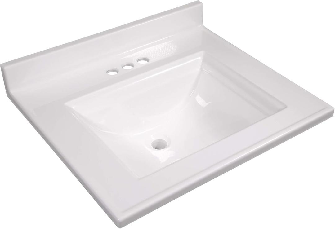 Design House Camilla Vanity Top, Cultured Marble, Centerset Mount, Integrated Backsplash, Stain Resistant, Rectangle Bowl, White, 25 in W x 22 in D x 12.5 in H, Item 557629-WHT