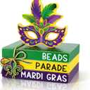 4 Pcs Mardi Gras Decorations for Home Masquerade Mask Wooden Table Centerpieces Mardi Gras Tabletop Blocks Sign Wood Books Stack Tiered Tray Decor Indoor Office Desk Shelf Rustic Mantel Carnival Party (Large, Purple)
