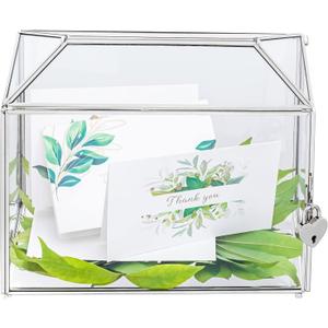 NCYP Small 10.2 x 5.9 x 7.9 Inches Silver Glass Cards Box with Slot and Lock for Wedding, Birthday Party - Geometric Card Holder, Home Decorative, Slot Length 6.3'' (Glass Box Only)