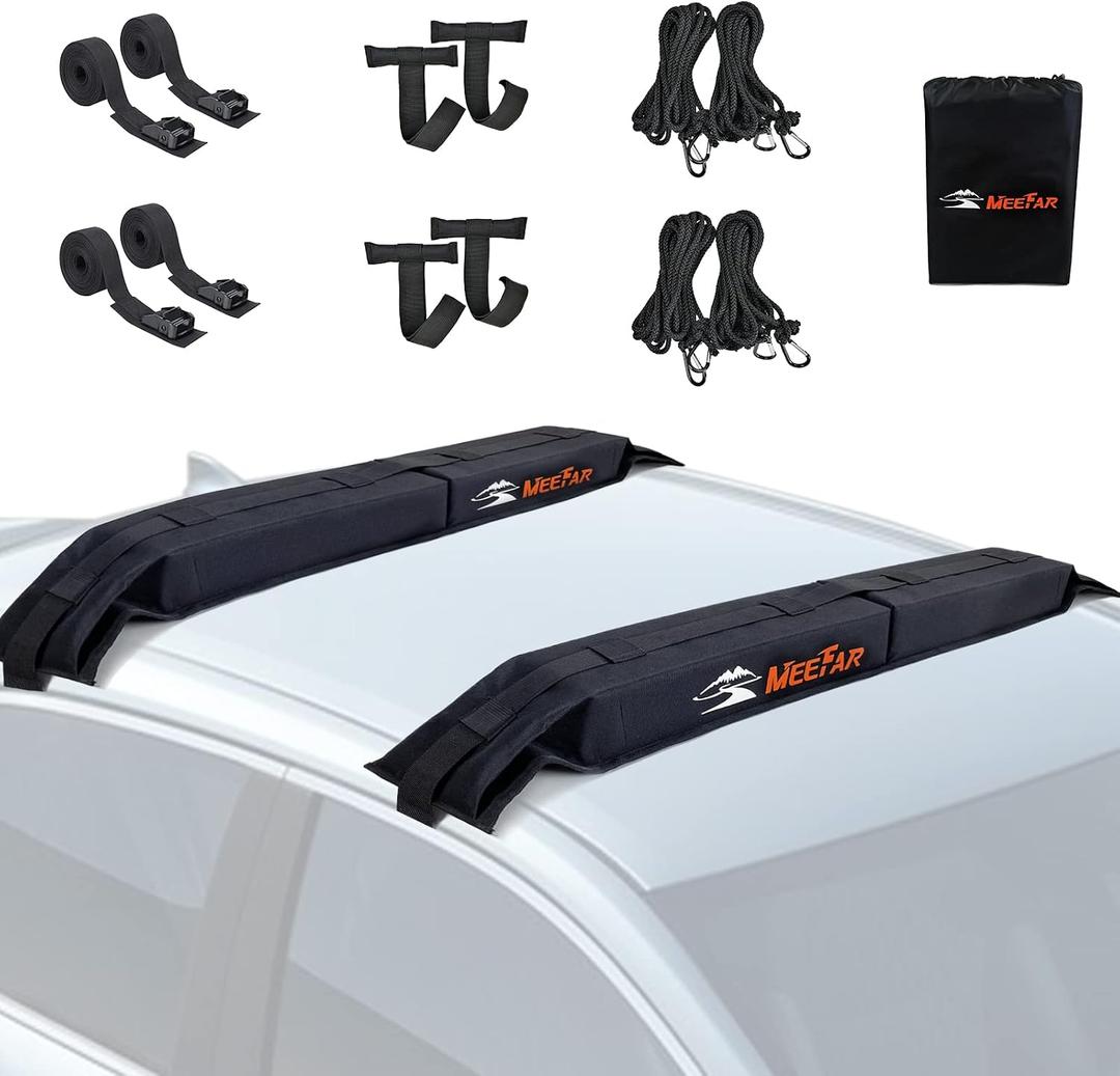 MeeFar Universal Car Soft Roof Rack Pads Luggage Carrier System for Kayak Surfboard SUP Canoe Include 2 Heavy Duty Tie Down Straps, 4 Tie Down Rope, 4 Quick Loop Strap and Storage Bag