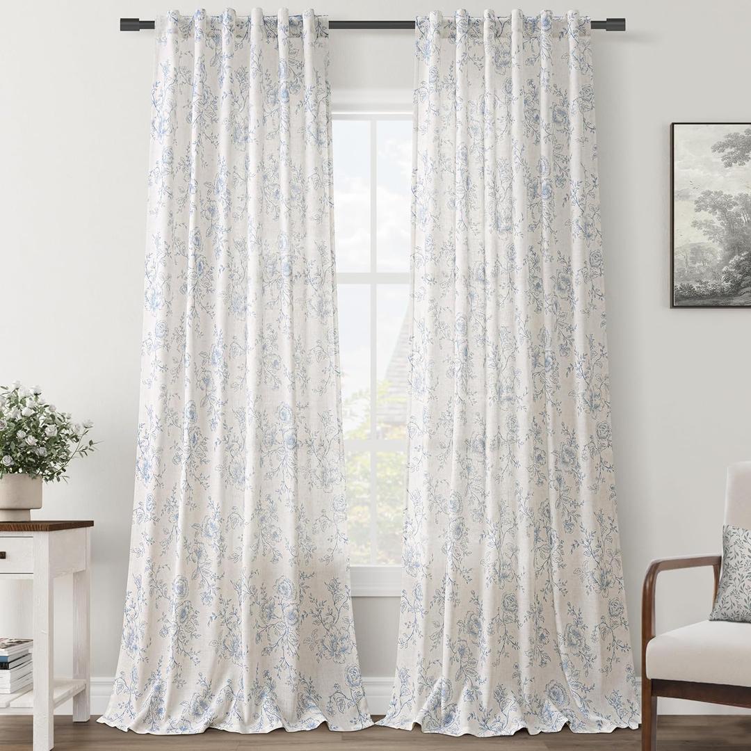 Blue Floral Curtains 108 inch Length Back Tab Farmhouser Living Room Light Filtering Curtains Blue Pattern Print on Cream White Linen Curtain Panel Minimalist Aesthetic Sketch Style Vintage Room Decor (52"W x 108"L (Pack of 2))