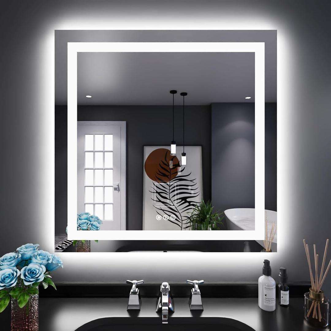 LOAAO 32"X32" LED Bathroom Mirror with Lights, Anti-Fog, Dimmable, Backlit + Front Lit, Lighted Bathroom Vanity Mirror for Wall, Memory Function, Tempered Glass, Shatter-Proof, ETL Listed